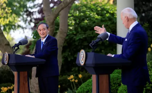 U.S. President Joe Biden speaks as he holds a joint news conference with Japan's Prime Minister Yoshihide Suga in the Rose Garden at the White House in Washington, U.S., April 16, 2021.