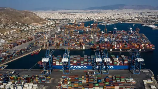 Aerial photo taken on Sept. 6, 2019, shows a cargo ship of COSCO Shipping Lines at the Port of Piraeus in Greece. 