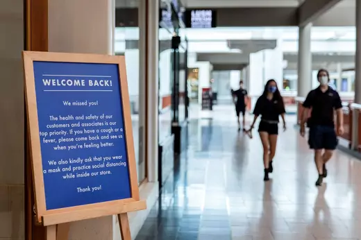 A welcome sign is seen at the Destiny USA mall during the reopening, as the coronavirus disease (COVID-19) restrictions are eased in Syracuse, New York, U.S., July 10, 2020. REUTERS/Maranie Staab - RC2OQH9T530G