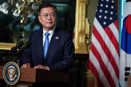 South Korean President Moon Jae-in delivers remarks before participating in a bilateral meeting at the Eisenhower Executive Office Building near the White House in Washington, D.C., on May 21, 2021