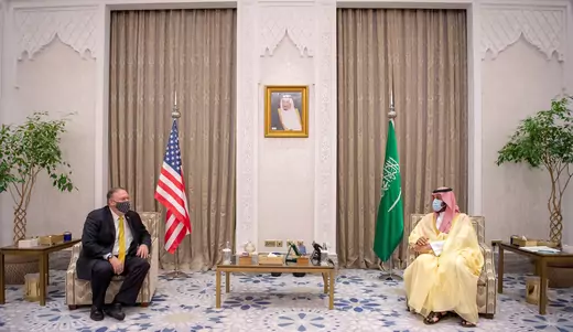 U.S. Secretary of State Mike Pompeo meets with Saudi Crown Prince Mohammed bin Salman during his visit to the country, in Riyadh, Saudi Arabia