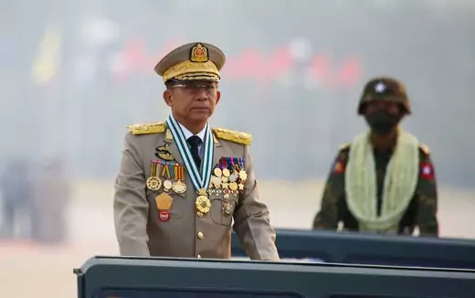 Myanmar's junta chief Senior General Min Aung Hlaing, who ousted the elected government in a coup on February 1, presides an army parade on Armed Forces Day in Myanmar on March 27, 2021.