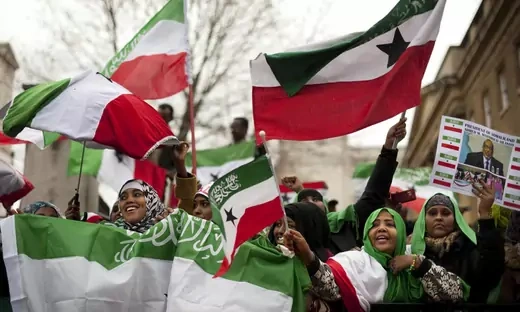 UK-based Somalilanders waving the self-declared republic’s flag at a rally near Downing Street in London, United Kingdom, in 2012.