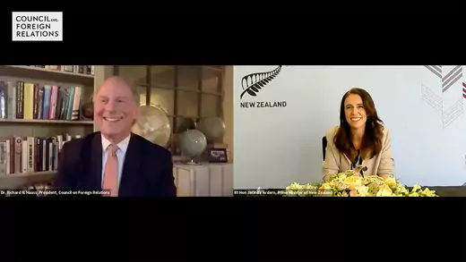 Screen grab of Arden zoom call with Richard Haass and Jacinda Ardern on screen.