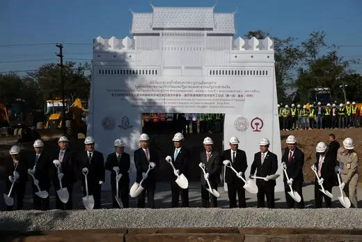 Thailand's Prime Minister Prayuth Chan-ocha (C) and Wang Xiaotao (C-L), a representative of the Chinese government, take part during the groundbreaking ceremony of the cooperation between Thailand and China on the Bangkok-Nong Khai high speed rail development in Nakhon Ratchasima Province, Thailand on December 21, 2017.
