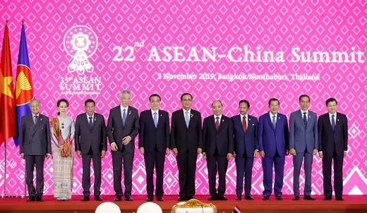 Leaders pose for a family photo at the ASEAN-China Summit with Chinese Premier Li Keqiang on the sidelines of the 35th ASEAN Summit in Bangkok, Thailand, on November 3, 2019.