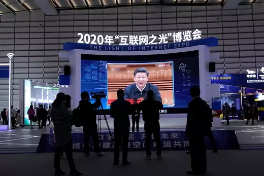 China's President Xi Jinping is shown on a screen during the World Internet Conference (WIC) in Wuzhen, Zhejiang province, China, on November 23, 2020.