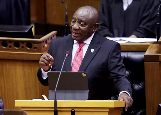 President Cyril Ramaphosa delivers his State of the Nation address in parliament in Cape Town, South Africa, February 11, 2021.