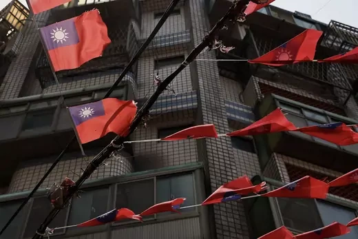 Taiwan flags hang above the streets in Taoyuan, Taiwan, May 13, 2021.