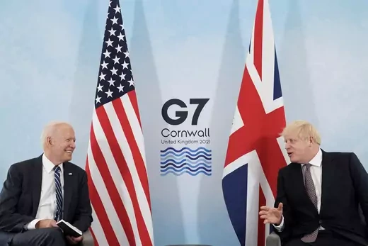 Britain's Prime Minister Boris Johnson and U.S. President Joe Biden speak during their meeting, ahead of the G7 summit, at Carbis Bay, Cornwall, Britain June 10, 2021.