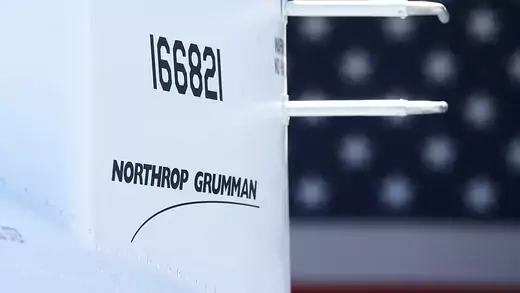 The corporate logo of Northrop Grumman is shown on a Fire Scout MQ-8 B unmanned helicopter in California