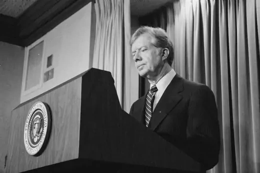 U.S. President Jimmy Carter announces new sanctions against Iran in retaliation for taking U.S. hostages, at the White House in Washington, April 7, 1980.