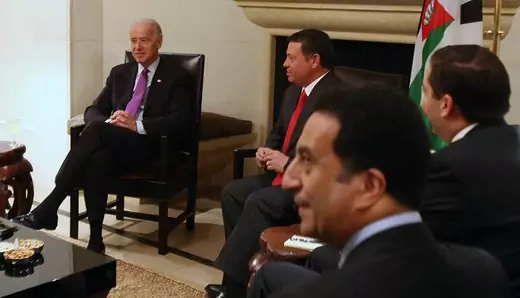 U.S. Vice President Joe Biden (L), meets with Jordan's King Abdullah II (2nd L) at the Royal Palace on March 11, 2010 in Amman, Jordan.