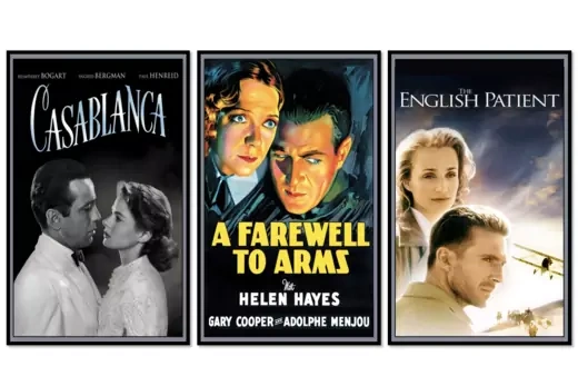 Three movie posters in black frames. From left: Casablanca (black and white, a man and a woman look at each other); A Farewell to Arms (a man and woman look worriedly off to the side); The English Patient (a man and woman look off to the side, a desert and airplane behind them).
