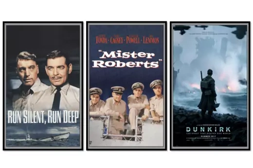Three movie posters in black frames. From left: Run Silent, Run Deep (two men in khaki uniforms above a sinking ship); Mister Roberts (four men in khaki uniforms look off the edge of a ship); Dunkirk (a young man looks out into a chaotic ocean).