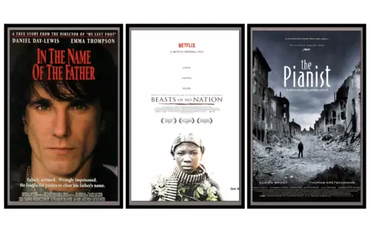 Three movie posters in black frames: In the Name of the Father (man looks out from black background);Beasts of No Nation (a young boy with ammunition wrapped around his neck looks out); The Pianist (a man walks among the rubble of a city).