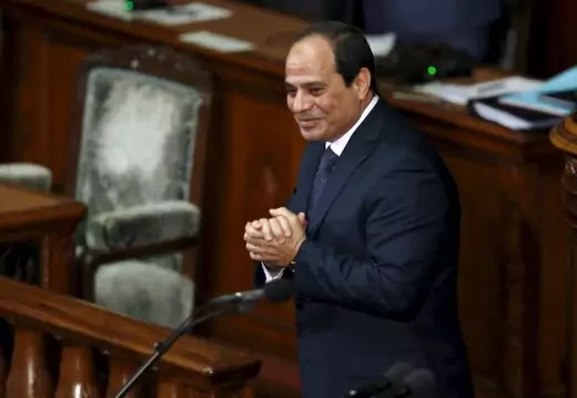 Egypt's President Abdel Fattah al-Sisi reacts after delivering a speech at the Lower House of parliament in Tokyo, Japan, February 29, 2016. 