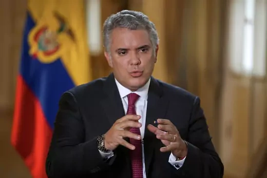 Colombia's President Ivan Duque speaks during an interview with Reuters in Bogota, Colombia, March 12, 2021. 