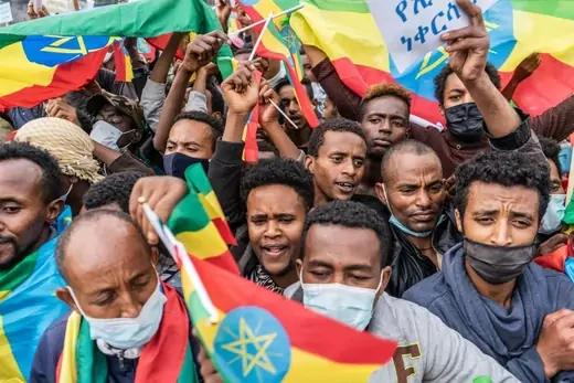 Participants shout slogans during a rally against The Tigray People's Liberation Front (TPLF) in Addis Ababa on July 22, 2021.