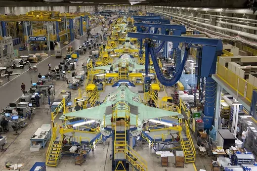 Workers can be seen on the moving line and forward fuselage assembly areas for the F-35 Joint Strike Fighter at Lockheed Martin Corp's factory located in Fort Worth, Texas in this October 13, 2011 handout photo provided by Lockheed Martin.