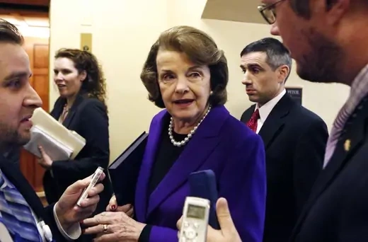 U.S. Senator Dianne Feinstein, then chair of the Senate Select Committee on Intelligence, speaks to reporters in 2014 about the release of the committee’s report on interrogation methods she calls tantamount to torture.