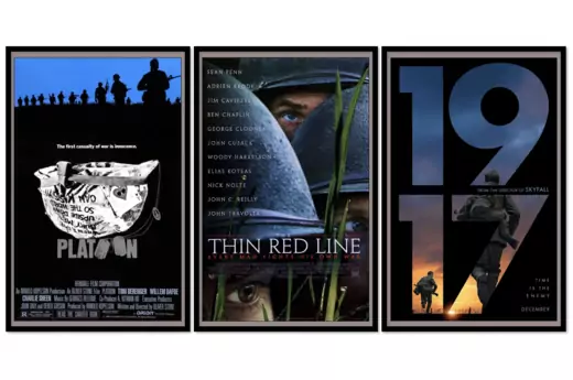 Three movie posters: Platoon (a helmet lies upside down beneath a line of soldiers); The Thin Red Line (a close up of three soldiers’ faces in grass); 1917 (two soldiers run into a sunrise). 