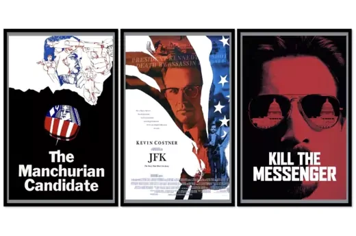 Three movie posters in black frames. From left: The Manchurian Candidate (a sketch of a man, a gun, and a queen of hearts card); JFK (a man looks out from a red, white, and blue design); Kill the Messenger (a man with the U.S. Capitol Building reflected in his sunglasses).
