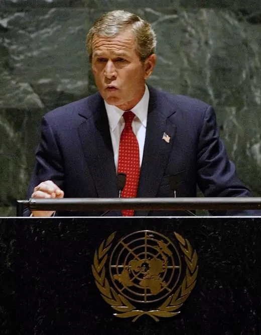 Bush addresses the UN General Assembly in September 2002, pressing for swift action against Iraq despite objections by many U.S. allies.