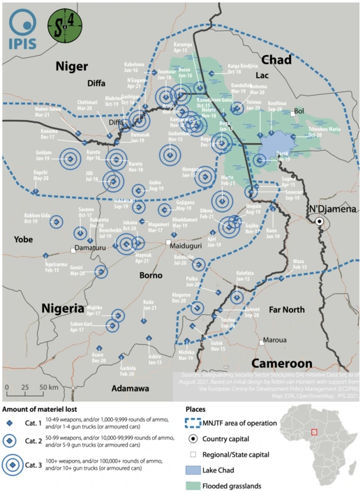 A map documenting losses of military materiel in Boko Haram attacks.