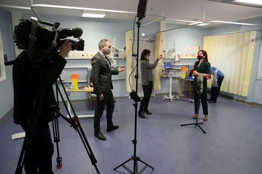 Dr Nicola Steedman interim Deputy Chief Medical Officer conducts a tv interview, as the first of two Pfizer/BioNTech COVID-19 vaccine jabs are being given to the staff, at the Western General Hospital, on the first day of the largest immunisation programme in the British history, in Edinburgh,