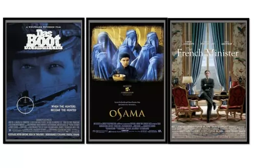 Three movie posters in black frames: Das Boot (man in naval cap behind a submarine); Osama (child in front of veiled women); The French Minister (man sitting on his desk in an office)