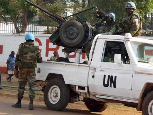 UN peacekeepers patrol a street in Bangui during the 2015 presidential election in the Central African Republic.