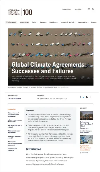 CFR.org's newly designed Backgrounders, with a more central feature photo, summary bullets, and a table of contents.