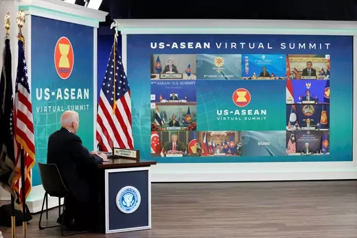 U.S. President Joe Biden participates virtually with the ASEAN summit from an auditorium at the White House in Washington, DC, on October 26, 2021.