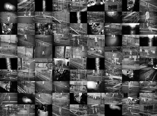 A collage of surveillance photographs shows Guantanamo detainees.