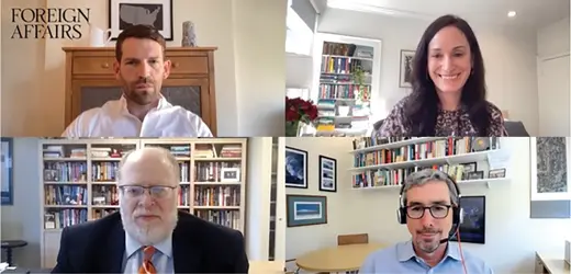 Daniel Kurtz-Phelan, Shannon K. O’Neil, Adam S. Posen, and Gordon H. Hanson speak over video chat.