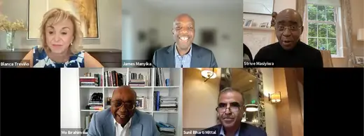 Blanca Trevino, James Manyika, Strive Masiyiwa, Sunil Bharti Mittal, and Mo Ibrahim speak via virtual conference.