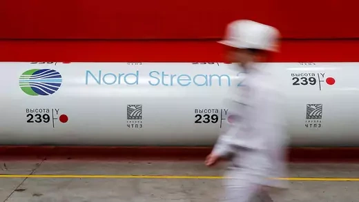 The Nord Stream 2 gas pipeline project is seen on a large pipe at a manufacturing plant in Chelyabinsk, Russia.