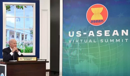 U.S. President Joe Biden participates virtually with the ASEAN summit from an auditorium at the White House in Washington, U.S. October 26, 2021.