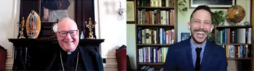 Cardinal Timothy M. Dolan, in clerical clothing, speaks with Jack Jenkins, in a navy suit, over video conference.