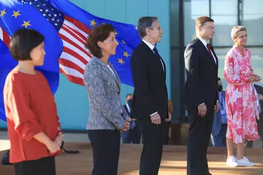 U.S. Secretary of State Antony Blinken, Commerce Secretary Gina Raimondo and Trade Representative Katherine Tai stand near European Commission Executive Vice President Margrethe Vestager and EU Executive Vice President Valdis Dombrovskis as they participate in a meeting of the Transatlantic Trade and Technology Council in Pittsburgh, Pennsylvania, U.S., September 29, 2021.