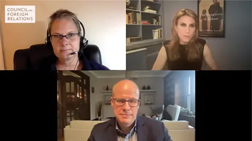 Tammy S. Schultz, Gayle Tzemach Lemmon, and Max Boot speak via video conference.