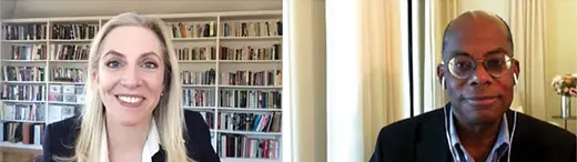 Lael Brainard speaks with Roger W. Ferguson Jr., both in dark suits, via video conference.