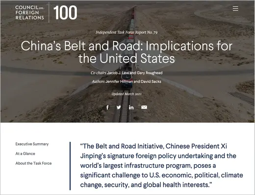 The online version of CFR’s Independent Task Force report China’s Belt and Road: Implications for the United States features direct quotes and critical takeaways in the executive summary.