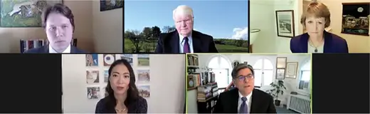 David Sacks, Admiral Gary Roughead (Ret.), Jennifer Hillman, Jacob J. Lew, and Elise Hu speak via video conference.