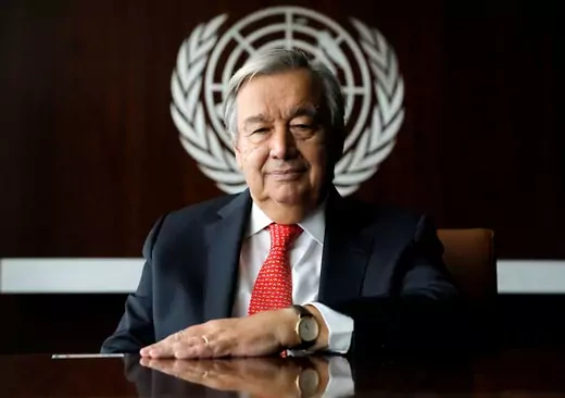 UN Secretary-General Antonio Guterres sits for a photograph at the UN headquarters in Manhattan.