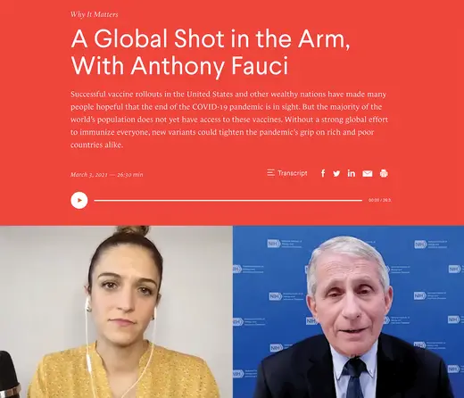 Why It Matters podcast episode A Global Shot in the Arm screenshot, with an image of Gabrielle Sierra virtually interviewing Anthony S. Fauci.