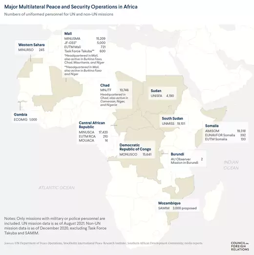 A map of major peace and security operations in Africa, showing the largest missions in CAR, DRC, Mali, Somalia, and South Sudan.