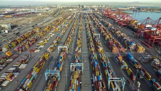 Containers are stacked at the Port of Long Beach, California, in November 2021.