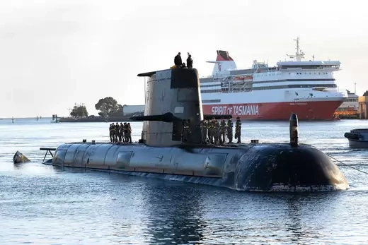 Royal Australian Navy submarine HMAS Sheean arrives in Devonport on April 22, 2021 in Tasmania, Australia. Australia, the United States and the United Kingdom have announced a new strategic defense partnership to build a class of nuclear-propelled submarines and work together in the Indo-Pacific region.